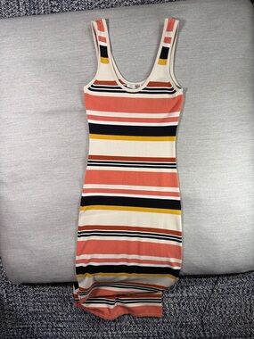 Ronny Kobo Collection Striped Tank Midi Dress in Coral, Cream, Black & Yellow